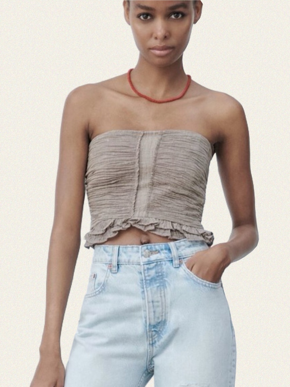 Zara Linen-Blend Strapless Smocked Bandeau Top
